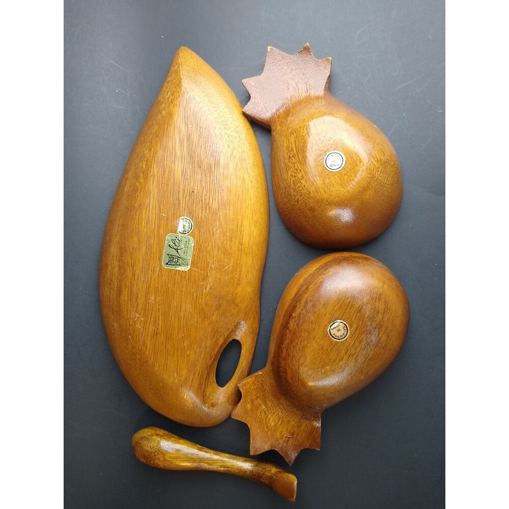 Vintage Wood Bowl Set Pod and Pineapple Shape w Spoon Phillipines MCM Alii Woods - Picture 6 of 12